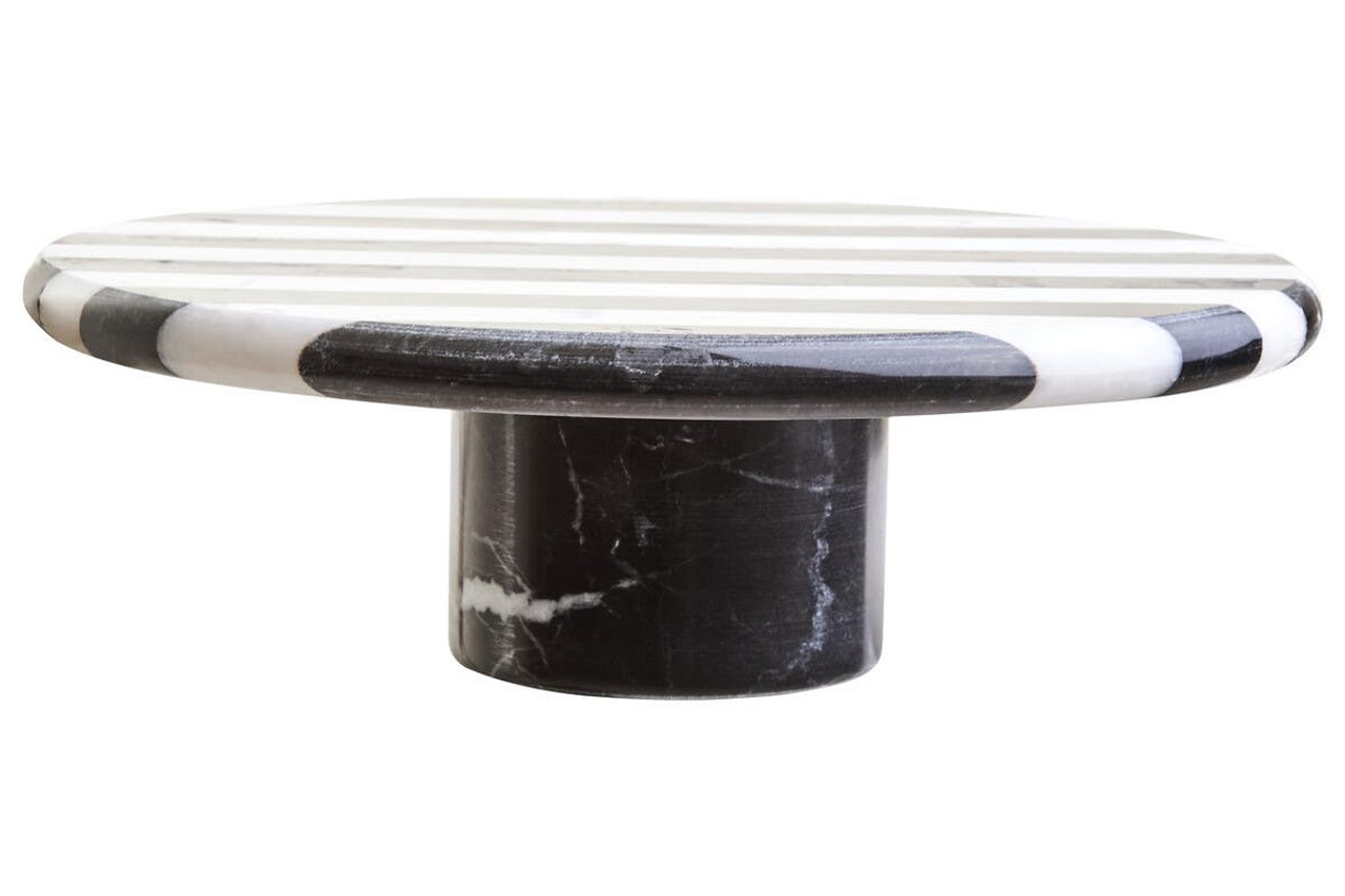 SOMA Large Black and White Marble Cake Stand with striped marble top and cylindrical black marble base displayed with cakes and desserts.