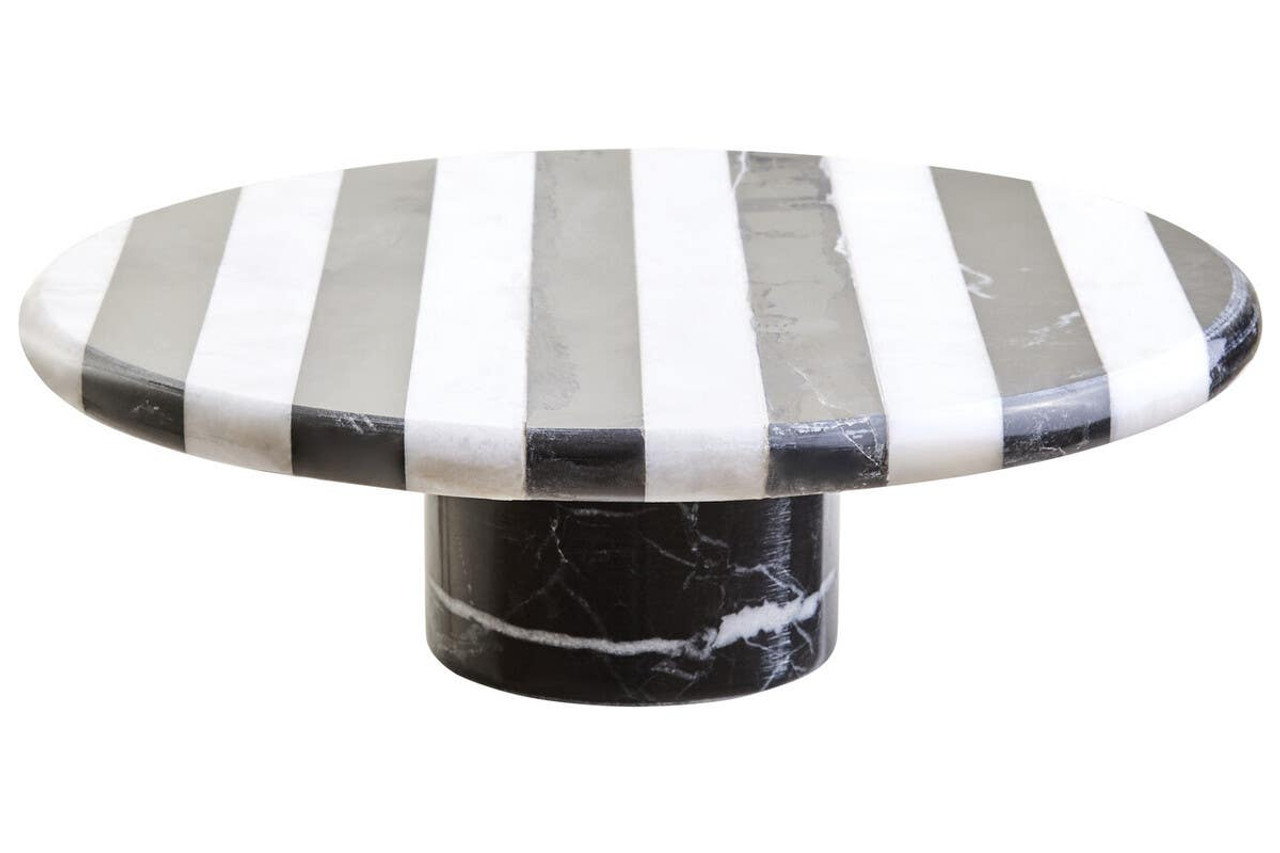 SOMA Large Black and White Marble Cake Stand with striped marble top and cylindrical black marble base displayed with cakes and desserts.