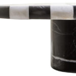 SOMA Large Black and White Marble Cake Stand with striped marble top and cylindrical black marble base displayed with cakes and desserts.