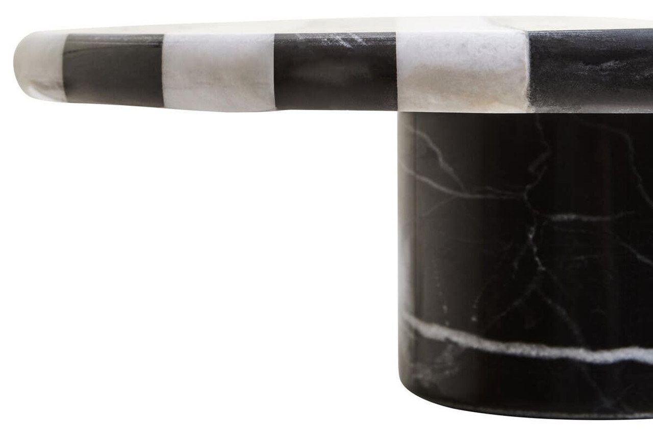 SOMA Large Black and White Marble Cake Stand with striped marble top and cylindrical black marble base displayed with cakes and desserts.