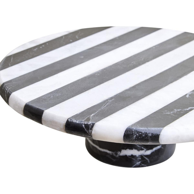 SOMA Large Black and White Marble Cake Stand with striped marble top and cylindrical black marble base displayed with cakes and desserts.