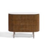 MARIETA White Marble Chest of Drawers featuring natural oak wood frame, gold-tone handles and legs, and an oval white marble top.