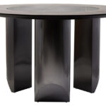 HUGO Round Veneer and Ceramic Dining Table with black marble-effect lazy susan and grey brushed stainless steel base displayed in a modern dining room.