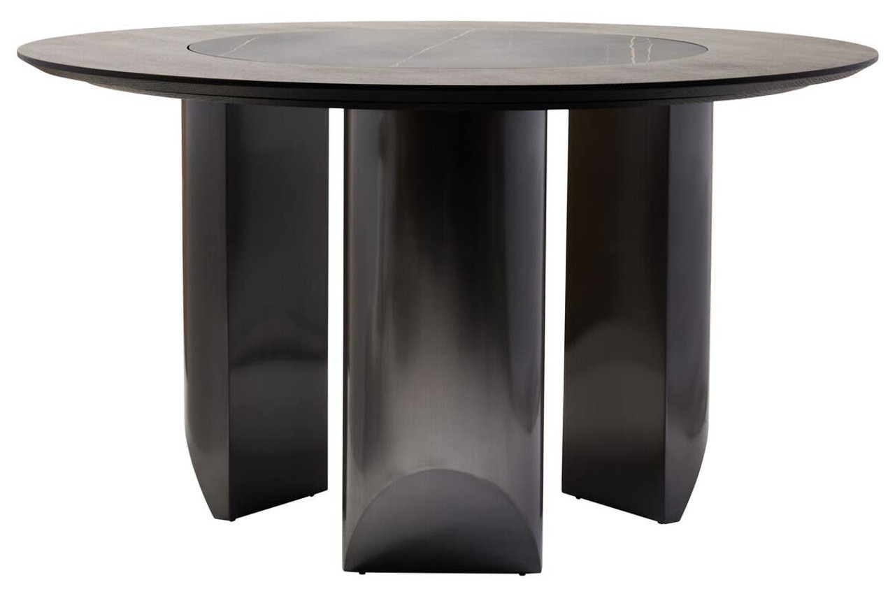 HUGO Round Veneer and Ceramic Dining Table with black marble-effect lazy susan and grey brushed stainless steel base displayed in a modern dining room.