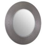 DERVIO Grey Ribbed Round Wall Mirror with contemporary textured grey frame hanging in a modern living room interior.