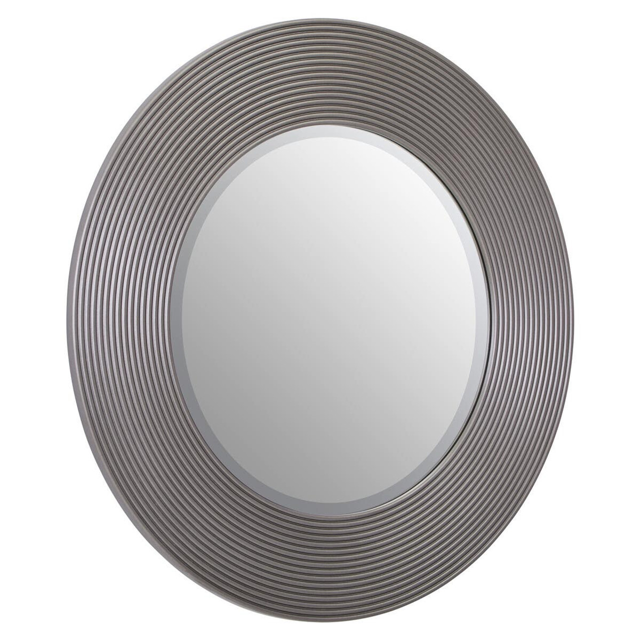 DERVIO Grey Ribbed Round Wall Mirror with contemporary textured grey frame hanging in a modern living room interior.