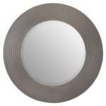 DERVIO Grey Ribbed Round Wall Mirror with contemporary textured grey frame hanging in a modern living room interior.