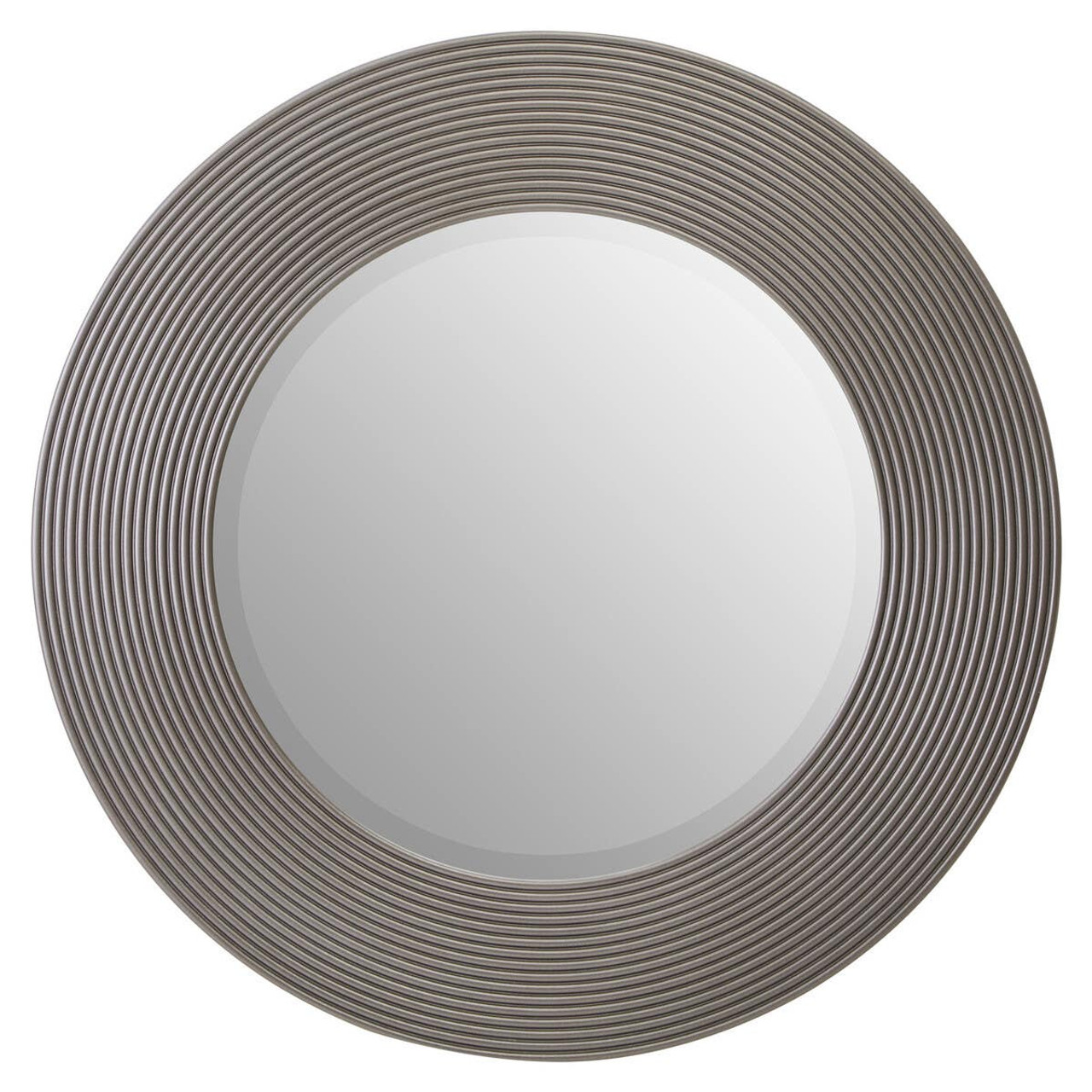 DERVIO Grey Ribbed Round Wall Mirror with contemporary textured grey frame hanging in a modern living room interior.