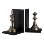 KENSINGTON King and Queen Chess Bookends with silver chess pieces on black bases displayed on a sophisticated bookshelf.