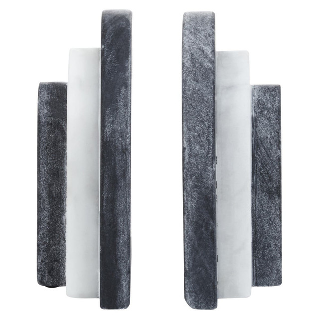 BELOR Black and White Marble Bookends with layered sculptural design displayed on a modern bookshelf.