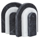 BELOR Black and White Marble Bookends with layered sculptural design displayed on a modern bookshelf.