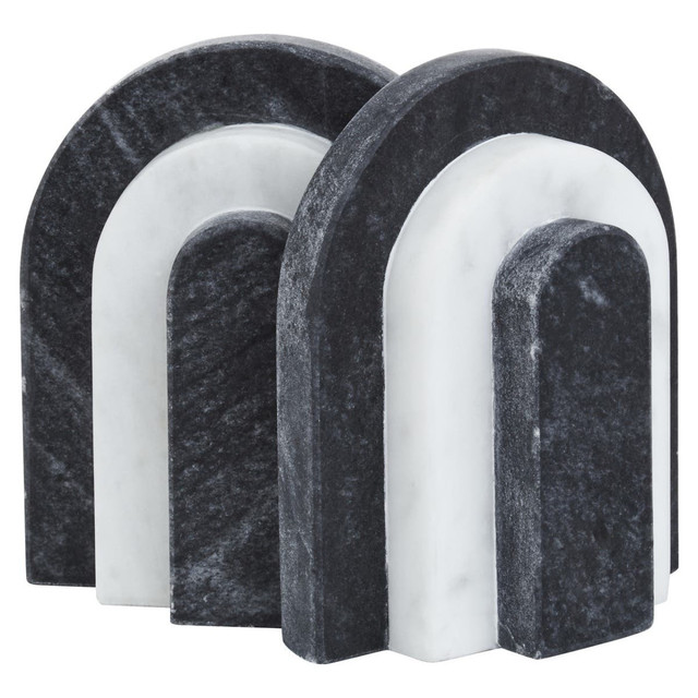 BELOR Black and White Marble Bookends with layered sculptural design displayed on a modern bookshelf.
