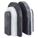 BELOR Black and White Marble Bookends with layered sculptural design displayed on a modern bookshelf.