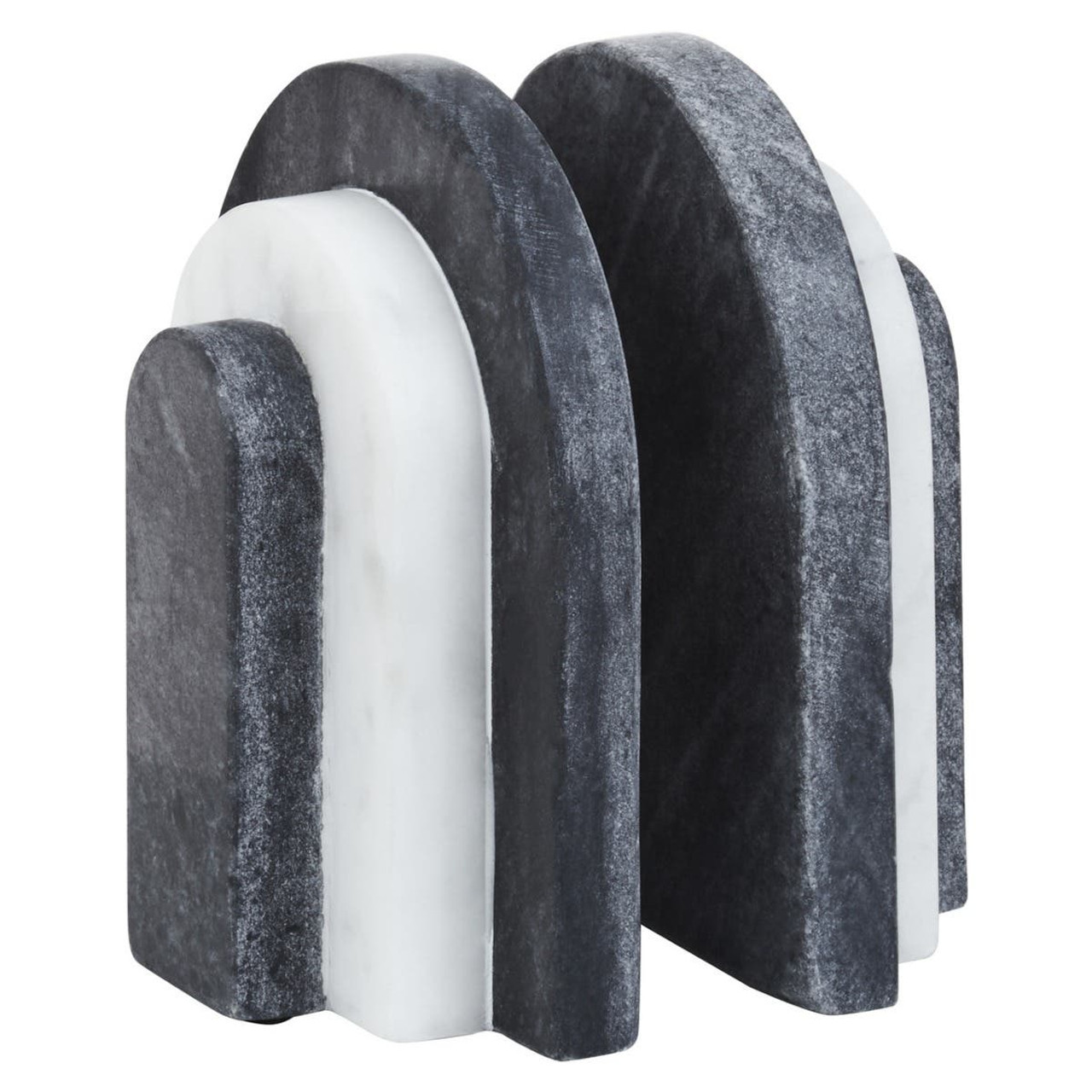 BELOR Black and White Marble Bookends with layered sculptural design displayed on a modern bookshelf.