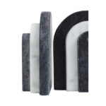 BELOR Black and White Marble Bookends with layered sculptural design displayed on a modern bookshelf.