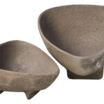 VIRA Set of 2 Textured Grey Aluminium Bowls with curved sides and footed bases displayed on a modern console table.