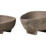 VIRA Set of 2 Textured Grey Aluminium Bowls with curved sides and footed bases displayed on a modern console table.