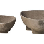 VIRA Set of 2 Textured Grey Aluminium Bowls with curved sides and footed bases displayed on a modern console table.
