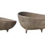 VIRA Set of 2 Textured Grey Aluminium Bowls with curved sides and footed bases displayed on a modern console table.