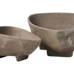 VIRA Set of 2 Textured Grey Aluminium Bowls with curved sides and footed bases displayed on a modern console table.