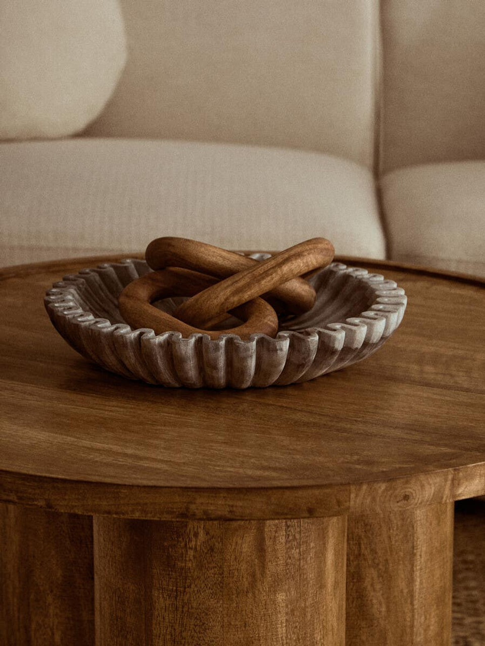 ERICA Large Grey Fluted Marble Bowl crafted from natural marble with polished finish and sculpted fluted edges.