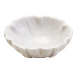 LOTUS Small White Marble Bowl with sculpted lotus-petal edges and polished finish displayed on a modern console table.