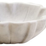 LOTUS Small White Marble Bowl with sculpted lotus-petal edges and polished finish displayed on a modern console table.
