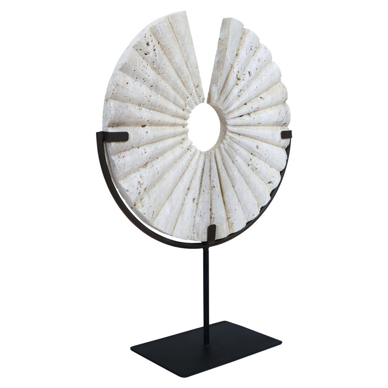 TIBOR Travertine Disc Sculpture featuring a hand-carved circular travertine stone on a sleek black metal base, displayed in a modern living room.