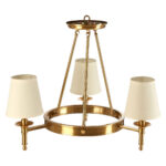 ZINA Ceiling Light with warm metallic frame and three white linen shades casting a soft ambient glow in a modern dining room.
