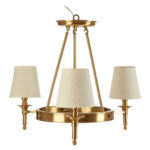 ZINA Ceiling Light with warm metallic frame and three white linen shades casting a soft ambient glow in a modern dining room.