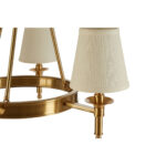 ZINA Ceiling Light with warm metallic frame and three white linen shades casting a soft ambient glow in a modern dining room.
