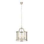 HAMPSTEAD 6 Bulb Chrome Pendant Light featuring clear glass panels and chrome frame suspended above a modern dining table.