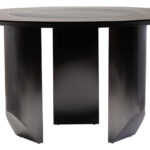 HUGO Round Veneer and Ceramic Dining Table with black marble-effect lazy susan and grey brushed stainless steel base displayed in a modern dining room.