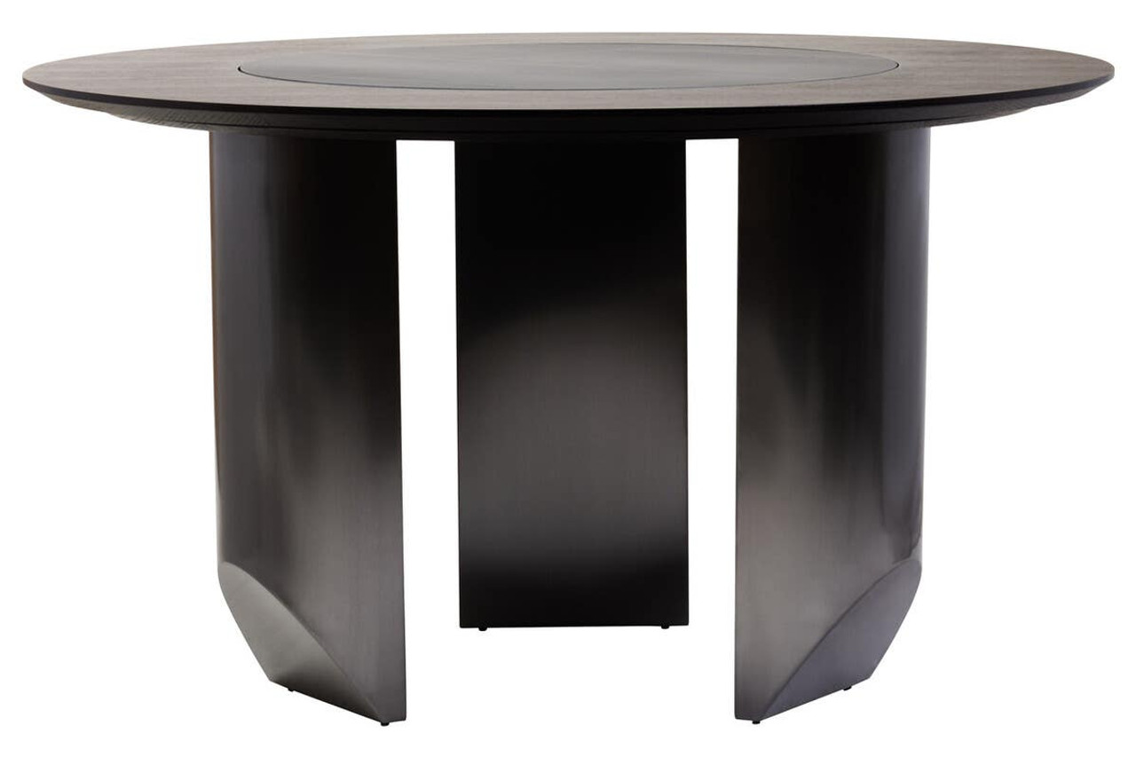 HUGO Round Veneer and Ceramic Dining Table with black marble-effect lazy susan and grey brushed stainless steel base displayed in a modern dining room.