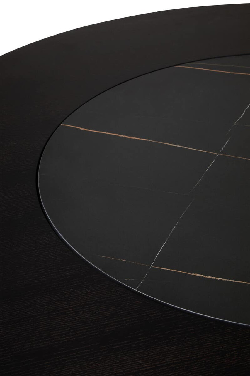 HUGO Round Veneer and Ceramic Dining Table with black marble-effect lazy susan and grey brushed stainless steel base displayed in a modern dining room.