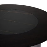 HUGO Round Veneer and Ceramic Dining Table with black marble-effect lazy susan and grey brushed stainless steel base displayed in a modern dining room.