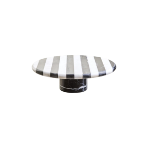 SOMA Large Black and White Marble Cake Stand with striped marble top and cylindrical black marble base displayed with cakes and desserts.