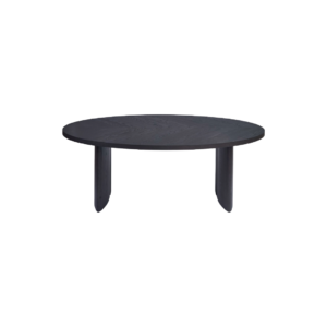 AUSTIN Oval Dining Table in black-brown oak with sculptural end legs and elegant oval top in a modern dining room setting.