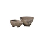 VIRA Set of 2 Textured Grey Aluminium Bowls with curved sides and footed bases displayed on a modern console table.