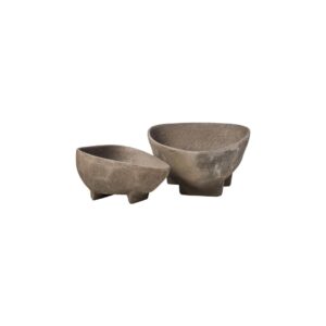 VIRA Set of 2 Textured Grey Aluminium Bowls with curved sides and footed bases displayed on a modern console table.