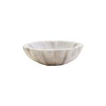 LOTUS Small White Marble Bowl with sculpted lotus-petal edges and polished finish displayed on a modern console table.