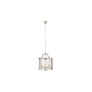 HAMPSTEAD 6 Bulb Chrome Pendant Light featuring clear glass panels and chrome frame suspended above a modern dining table.