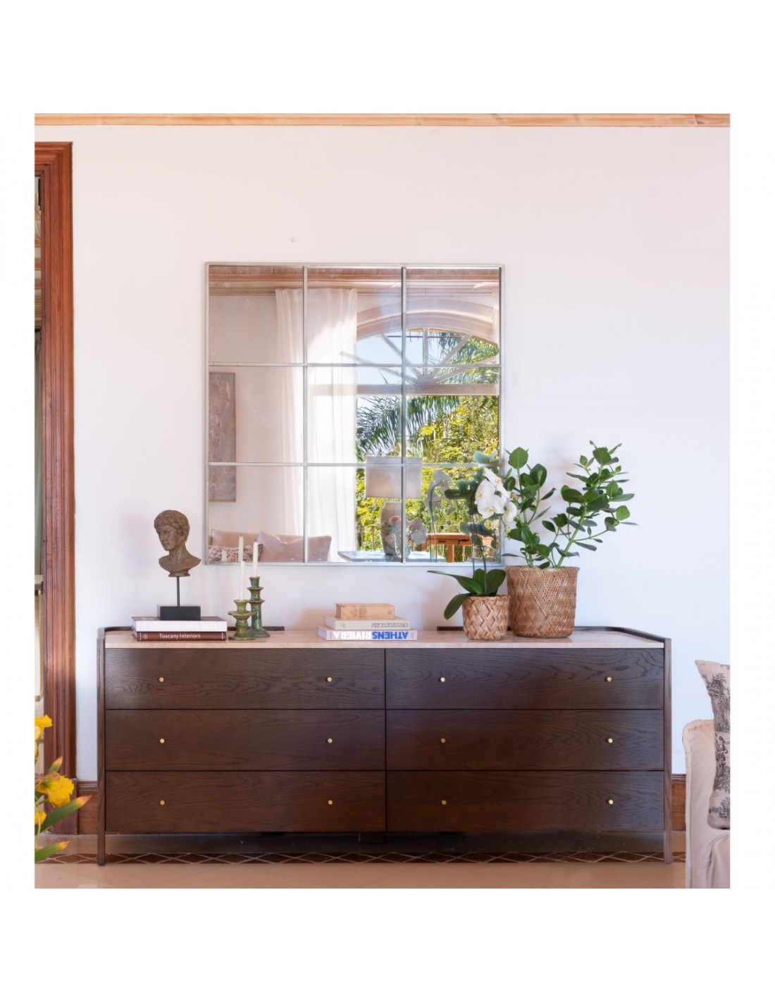 Dark brown oak chest of drawers with six drawers, white stone top, and elegant side profiles—designed for luxury interiors and refined storage.