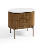 MARIETA White Marble Bedside Table featuring natural oak frame, antique gold metal legs and handles, and polished white marble top.