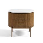 MARIETA White Marble Bedside Table featuring natural oak frame, antique gold metal legs and handles, and polished white marble top.