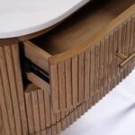 MARIETA White Marble Bedside Table featuring natural oak frame, antique gold metal legs and handles, and polished white marble top.