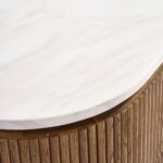 MARIETA White Marble Chest of Drawers featuring natural oak wood frame, gold-tone handles and legs, and an oval white marble top.