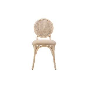 WALTON White Wash Elm Wood Dining Chair featuring cane woven backrest and beige cushioned seat styled in a bright modern dining room.