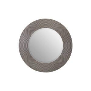 DERVIO Grey Ribbed Round Wall Mirror with contemporary textured grey frame hanging in a modern living room interior.