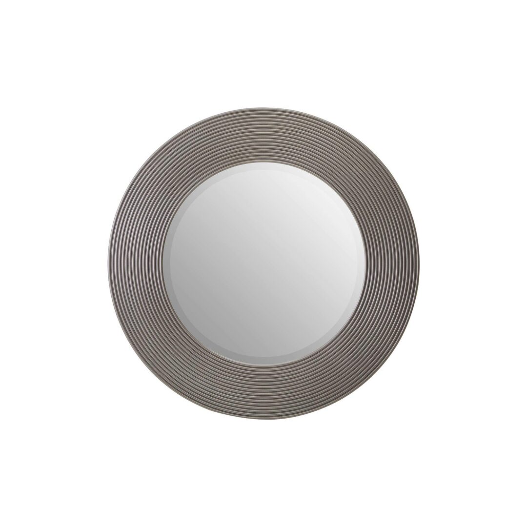 DERVIO Grey Ribbed Round Wall Mirror with contemporary textured grey frame hanging in a modern living room interior.